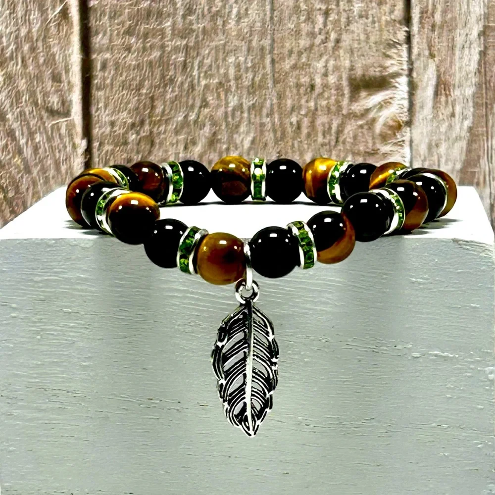 Handmade Feather Charm Bracelet with Natural Tiger Eye Stones! - Picture 3 of 8